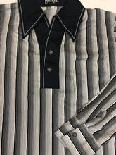 Vintage 70s white black faded stripe pattern pointed collar retro polyester disco shirt size medium